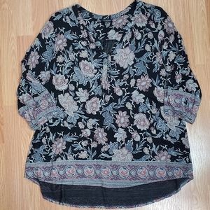 Lucky Brand size 3X bohemian floral print v neck tunic top 3/4 sleeve black